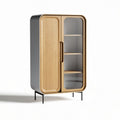 Framed display cabinet with wooden doors in black and oak finish - 80 x 40 x 130cm