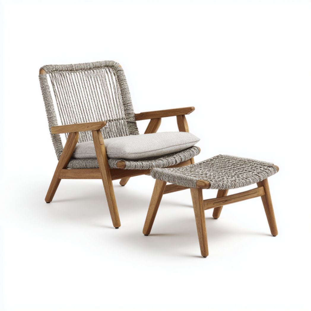 Rattan and fabric lounge chair with ottoman - 70 x 80 x 90cm