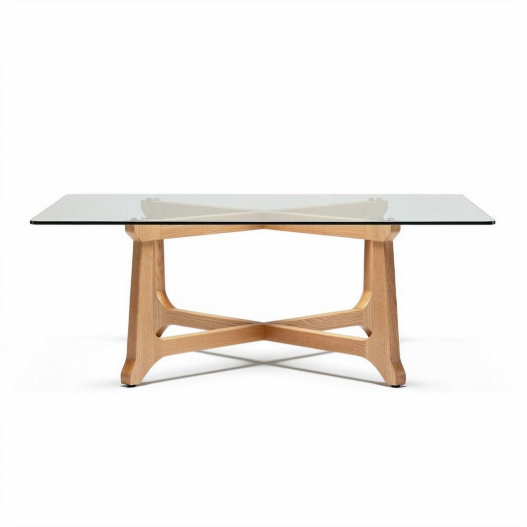 Glass top coffee table with wooden base - 150 x 90 x 75cm